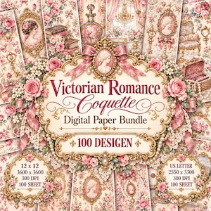 Victorian Romance Coquette Digital Paper Bundle, 100 Designs, 200 Sheets, Vintage Cameos, Pink Roses, Antique Jewelry, Shabby Chic  #111