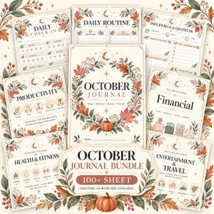 Puede incluir: Un paquete de diario digital de octubre que incluye varias hojas de planificación con ilustraciones otoñales de hojas de arce, bayas y calabazas. Las páginas incluyen encabezados como Daily Check-In, Daily Routine y Productivity.