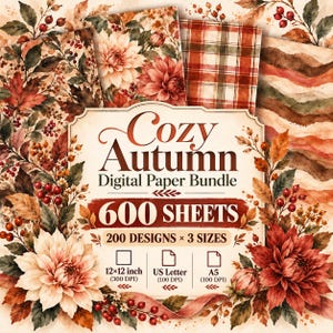 Gemütliches Herbst-Digitalpapier-Bundle, 200 Aquarell-Herbsthintergründe, Kürbisse, Blumen, Karomuster & rustikale Texturen #101