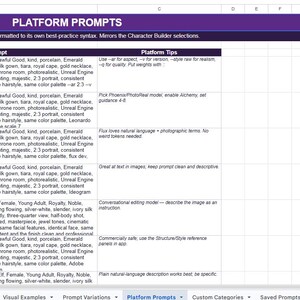 May include: A digital spreadsheet document titled PLATFORM PROMPTS with a dark purple header. The table contains columns for Platform, Ready-to-Copy Prompt, and Platform Tips, listing various AI tools like Midjourney, Leonardo AI, Flux, and Adobe Firefly.