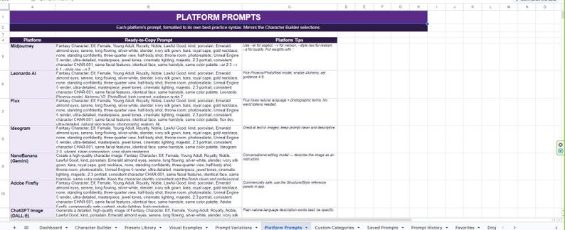 May include: A digital spreadsheet document titled PLATFORM PROMPTS with a dark purple header. The table contains columns for Platform, Ready-to-Copy Prompt, and Platform Tips, listing various AI tools like Midjourney, Leonardo AI, Flux, and Adobe Firefly.