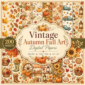 Peut inclure: Une collection de 200 feuilles de papier numérique avec des motifs d'automne vintage. Les designs incluent des citrouilles, tournesols, feuilles d'automne, lanternes, camions bleu-vert et paniers de fleurs. L'étiquette centrale indique Vintage Autumn Fall Art.