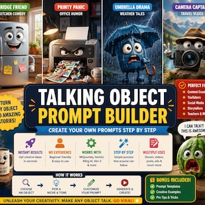 May include: A digital graphic titled Talking Object Prompt Builder featuring cartoon characters like a fridge, printer, umbrella, camera, and watermelon. The layout includes text instructions, icons, and a step-by-step guide for creating AI prompts for various creative projects.