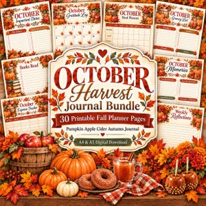 Puede incluir: Una colección de páginas de planificador imprimibles October Harvest Journal Bundle con temas otoñales de calabazas, manzanas y hojas. El letrero central muestra el texto October Harvest Journal Bundle 30 Printable Fall Planner Pages.