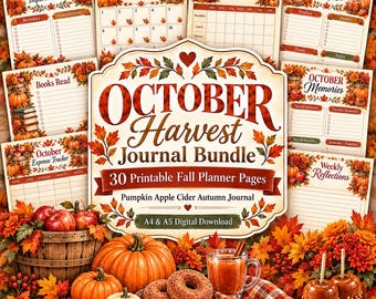 October Harvest Journal Bundle, 30 Printable Fall Planner Pages, Pumpkin Apple Cider Autumn Journal, A4 & A5 Digital Download