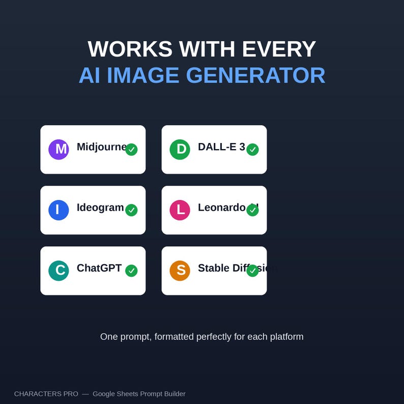 May include: A dark blue graphic display with the white text WORKS WITH EVERY AI IMAGE GENERATOR. It lists six platforms: Midjourney, DALL-E 3, Ideogram, Leonardo, ChatGPT, and Stable Diffusion, each with a green checkmark. Bottom text reads: One prompt, formatted perfectly for each platform.