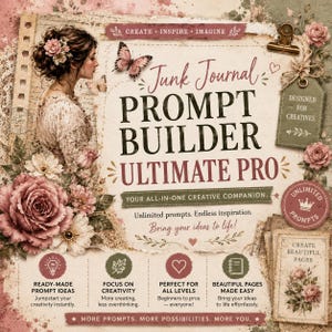 May include: A digital junk journal prompt builder guide featuring a vintage aesthetic with floral illustrations, a butterfly, and text including Junk Journal PROMPT BUILDER ULTIMATE PRO, CREATE INSPIRE IMAGINE, and various creative prompts and descriptions.