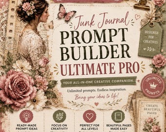 Junk Journal Prompt Builder Ultimate Pro | Unlimited AI Prompts for Midjourney, ChatGPT, Flux, DALL-E & Canva | Vintage Journal Creator