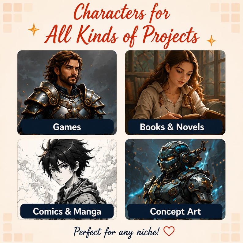 May include: A digital graphic featuring the text Characters for All Kinds of Projects. It displays four distinct character illustrations labeled Games, Books & Novels, Comics & Manga, and Concept Art, with the text Perfect for any niche at the bottom.