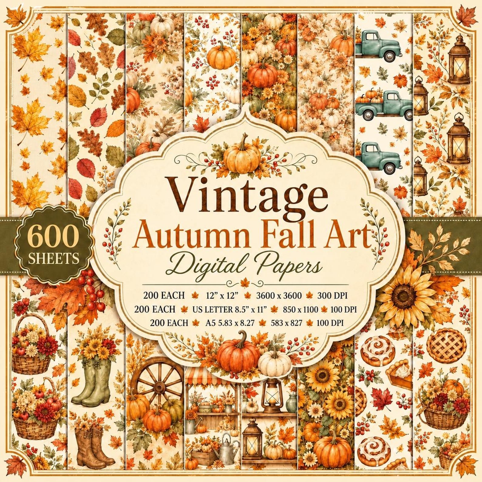 Vintage Autumn Fall Art Digital Papers, 600 Fall Patterns, Pumpkin Leaf ...