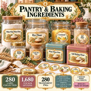 May include: A collection of pantry and baking ingredient labels featuring decorative frames and wheat illustrations. The set includes 280 labels, 1,680 sticker options, and 280 transparent PNGs. Dimensions are listed as 5.08 cm x 5.72 cm and 5.72 cm x 3.18 cm.