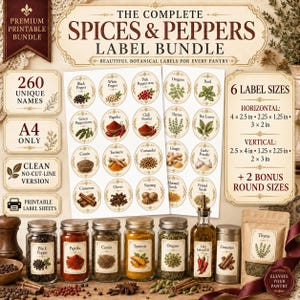 The Ultimate Spices & Peppers Label Bundle | 260 Unique Names | 2,040 A4 Printable Labels | Victorian Botanical Pantry Labels