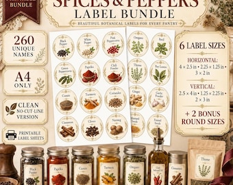 May include: A printable spice and pepper label bundle featuring 260 unique names, botanical illustrations, and six label sizes including 4x2.5, 2.25x1.25, and 3x2 inches. Includes A4 sheets, clean no-cut-line versions, and two bonus round sizes.