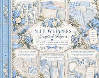 Blue Whispers Scrapbook Paper Bundle, 100 Digital Papers, Floral Blue Backgrounds, Lace Texture, Vintage Patterns, 12x12, 300 DPI