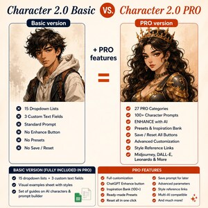May include: A comparison chart titled Character 2.0 Basic vs. Character 2.0 PRO. The left side shows a male character with dark hair and a hoodie, listing 15 dropdown lists, 3 text fields, and standard prompts. The right side shows a female character with a crown, listing 27 categories, 100+ prompts, AI enhancement, presets, and advanced customization.
