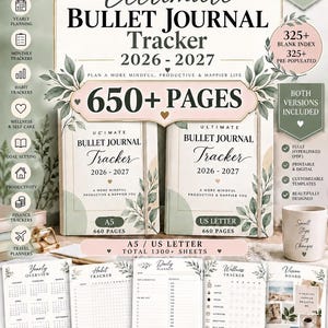 Puede incluir: Un paquete de planificador digital titulado Ultimate Bullet Journal Tracker 2026-2027 con más de 650 páginas en tamaños A5 y US Letter. Incluye rastreadores anuales, de hábitos, bienestar y finanzas, y plantillas de productividad con motivos botánicos.