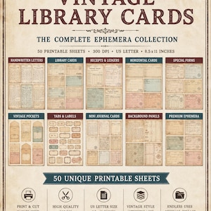 Op de afbeelding: Een verzameling van 50 printbare vellen getiteld VINTAGE LIBRARY CARDS THE COMPLETE EPHEMERA COLLECTION. De vellen bevatten diverse ontwerpen, waaronder handgeschreven brieven, bibliotheekkaarten en kwitanties van 21,59 x 27,94 cm.