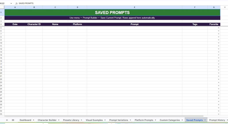 May include: A digital spreadsheet interface titled SAVED PROMPTS with a green header and dark purple sub-header. The table includes columns for Date, Character ID, Name, Platform, Prompt, Tags, and Favorite, with rows for data entry.
