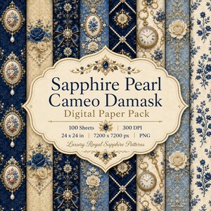 以下が含まれることがあります： Sapphire Pearl Cameo Damaskというタイトルのデジタルペーパーパック。100枚、300 DPI、61 x 61 cm、7200 x 7200 px、PNG形式。青とクリーム色のダマスク柄、花のカメオ、真珠、ヴィンテージの懐中時計のパターンが特徴です。