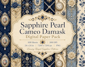Sapphire Pearl  Porcelain Cameo Damask Digital Paper, 100 Luxury  Patterns, Royal Blue Gold Victorian  Paper, 24x24 PNG 300 dpi