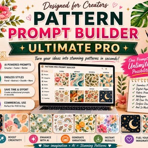 Peut inclure: Un graphique marketing numérique pour le logiciel Pattern Prompt Builder Ultimate Pro, montrant un ordinateur portable affichant divers motifs, entouré de texte, d'icônes et d'illustrations florales, promouvant des outils de création de motifs par IA.