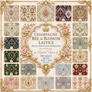 May include: A collection of 200 digital paper sheets titled Champagne Bee & Blossom Lattice Royal Porcelain Heirloom Patterns. Each sheet measures 12 inches by 12 inches at 300 DPI, featuring intricate bee, floral, and crown motifs in various colours.