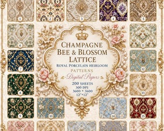 Champagne Bee & Blossom Lattice  Digital Paper, Royal Porcelain Heirloom, 200 Sheets