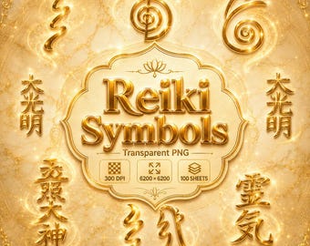 100 Reiki Symbols Transparent PNG Bundle – Gold Spiritual Clipart | 6200 × 6200 px | 300 DPI