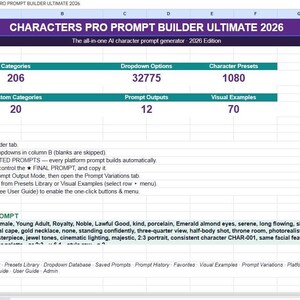 May include: A digital spreadsheet titled CHARACTERS PRO PROMPT BUILDER ULTIMATE 2026. The interface displays live statistics including 206 categories, 32775 dropdown options, 1080 character presets, 20 custom categories, 12 prompt outputs, and 70 visual examples.