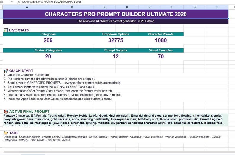 May include: A digital spreadsheet titled CHARACTERS PRO PROMPT BUILDER ULTIMATE 2026. The interface displays live statistics including 206 categories, 32775 dropdown options, 1080 character presets, 20 custom categories, 12 prompt outputs, and 70 visual examples.