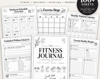 Fitness Journal Bundle Printable, 100+ Fitness Planner Pages, Workout Tracker, Meal Planner, Wellness Journal, US Letter & A5