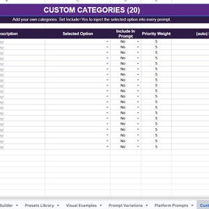 May include: A digital spreadsheet interface featuring a purple header labeled CUSTOM CATEGORIES (20) and a sub-header stating Add your own categories. Set Include=Yes to inject the selected option into every prompt. The table includes columns for Category Name, Description, Selected Option, Include In Prompt, Priority Weight, and (auto) Injected, with twenty rows labeled Custom 1 through Custom 20.