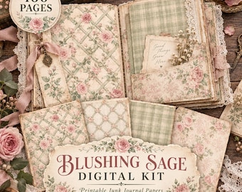 Vintage Blushing Sage Junk Journal Kit | 160 Printable Pages | Floral Ephemera, Envelopes, Tags, Pockets & Papers,   (Digital Download)
