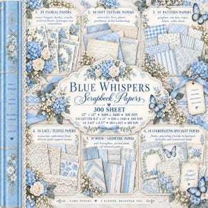 Può includere: Una collezione di carta digitale per scrapbooking intitolata Blue Whispers contenente 300 fogli con motivi floreali, pizzo, tessili, legno e geometrici in tonalità blu e crema, inclusi file in formato A5.