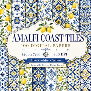 Puede incluir: Una colección de papeles digitales con patrones de azulejos de la Costa Amalfitana en azul, blanco y amarillo. La etiqueta central dice AMALFI COAST TILES 100 DIGITAL PAPERS 7200 x 7200 300 DPI Blue White Yellow Printable Digital Paper Pack con limones.