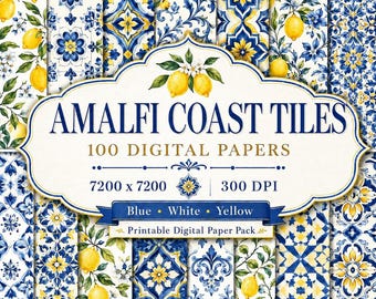 Amalfi Coast Tiles Digital Paper, Blue, White, Yellow  Patterns, Printable Lemon Backgrounds for Scrapbooking, Crafts