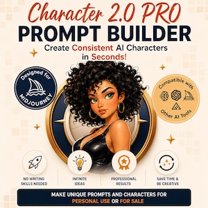 May include: A digital graphic titled Character 2.0 PRO PROMPT BUILDER featuring an illustration of a person with curly dark hair and green eyes. The text includes Create Consistent AI Characters in Seconds, Designed for Midjourney, and Compatible with Other AI Tools. Icons represent no writing skills, infinite ideas, professional results, and time saving.