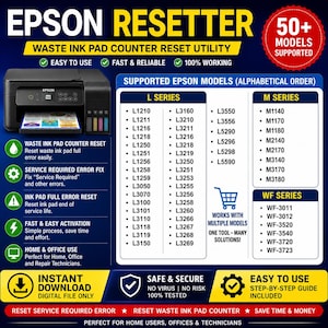 Könnte beinhalten: Eine digitale Datei für das Epson Resttintentinten-Zähler-Reset-Dienstprogramm. Die Grafik zeigt einen schwarzen Epson-Drucker, eine Liste unterstützter L-, M- und WF-Serienmodelle sowie Text zu Funktionen wie Resttintentinten-Reset und Fehlerbehebung.