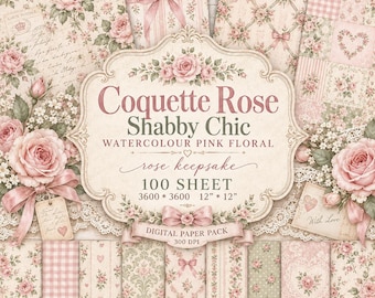 Coquette Rose Digital Paper Bundle, 100 Shabby Chic Floral Papers, Pink Watercolor Scrapbook Paper, Rose Keepsake  Digital Paper 12x12