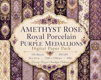 Amethyst Rose Royal Porcelain Digital Paper Pack | Purple Medallions  Patterns | 24x24 PNG, 300 DPI, Luxury Royal Amethyst Design