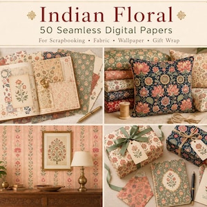 May include: A collection of 50 seamless digital papers titled Indian Floral, featuring various floral patterns on paper, fabric, and gift wrap. The display includes an open book, decorative pillows, wallpaper, and wrapped gifts, all showcasing intricate botanical designs in muted tones.
