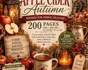 Orchard Hearth Apple Cider Autumn Junk Journal Kit, 200 Printable Pages, Fall Ephemera, Tags, Frames, Pockets, Fussy Cuts