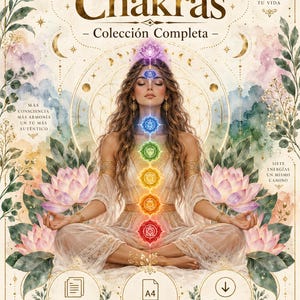 Op de afbeelding: Een digitale gids getiteld Guía Definitiva de Chakras met een persoon in lotushouding. Zeven gekleurde chakrasymbolen zijn verticaal langs de romp uitgelijnd. Het ontwerp bevat lotusbloemen, hemelse motieven en bijbehorende tekst.