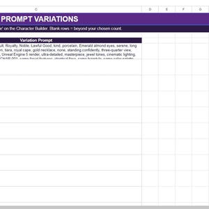May include: A digital spreadsheet document titled PROMPT VARIATIONS with a purple header row. The table contains numbered rows from 1 to 10, with columns labeled #, Style Modifier, and Variation Prompt, displaying text entries for each row.