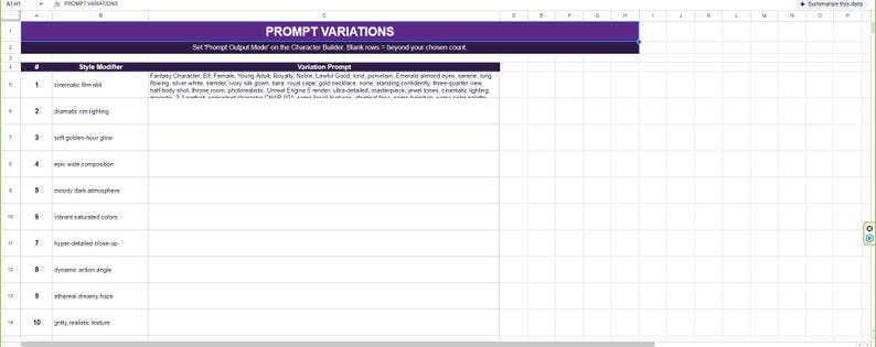 May include: A digital spreadsheet document titled PROMPT VARIATIONS with a purple header row. The table contains numbered rows from 1 to 10, with columns labeled #, Style Modifier, and Variation Prompt, displaying text entries for each row.