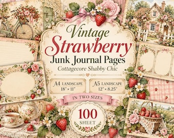 Vintage Strawberry Junk Journal Pages, 100 Printable 16:9 Landscape Papers, Cottagecore Shabby Chic Strawberry Journal Kit, Digital Download