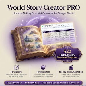 Può includere: Strumento digitale World Story Creator PRO per Google Sheets con un libro fantasy aperto, illustrazioni, un'interfaccia di foglio di calcolo e un badge con 522 modelli di piani narrativi premium per autori, illustratori e creatori.