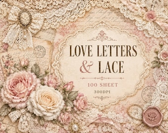 Antique Love Letters & Lace Digital Paper, Vintage Junk Journal Ephemera, Printable Scrapbook Backgrounds Romantic Pink Flowers Filler Pages