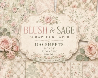 Blush & Sage Scrapbook Paper Pack 12x12, Junk Journal Pages, Vintage Backgrounds, Shabby Chic Digital Paper