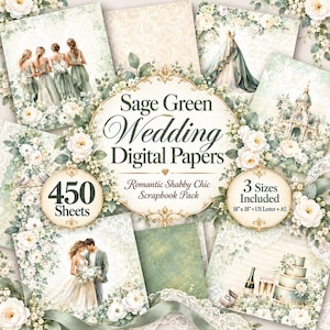 May include: A collection of sage green wedding digital papers featuring floral patterns, illustrations of a wedding dress, a church, a couple, and bridesmaids. The text reads Sage Green Wedding Digital Papers, 450 Sheets, 3 Sizes Included 18x18, US Letter, A5.